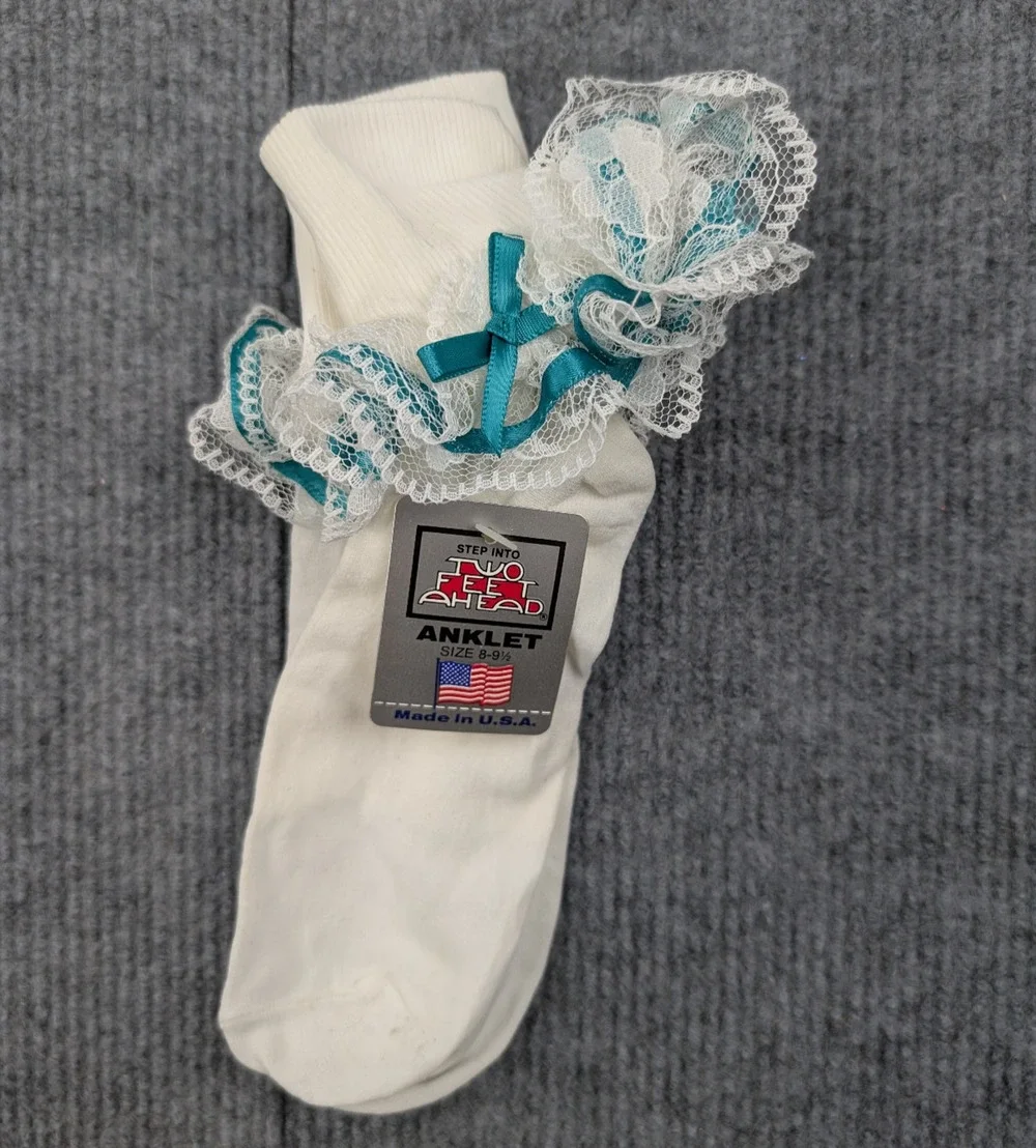 Vintage Nylon Ankle Socks Womens 8-9.5 Coquette Ruffle Event Lace 90s Dainty